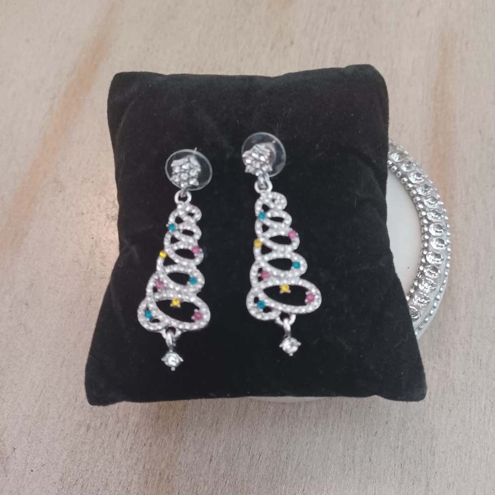Silver Rhinestone Christmas Tree Star Drop Stud Earrings - Picture 7 of 7